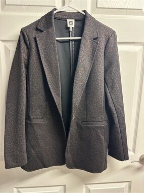 Anne Klein Dark Brown Leopard Jacquard Single-Button Blazer